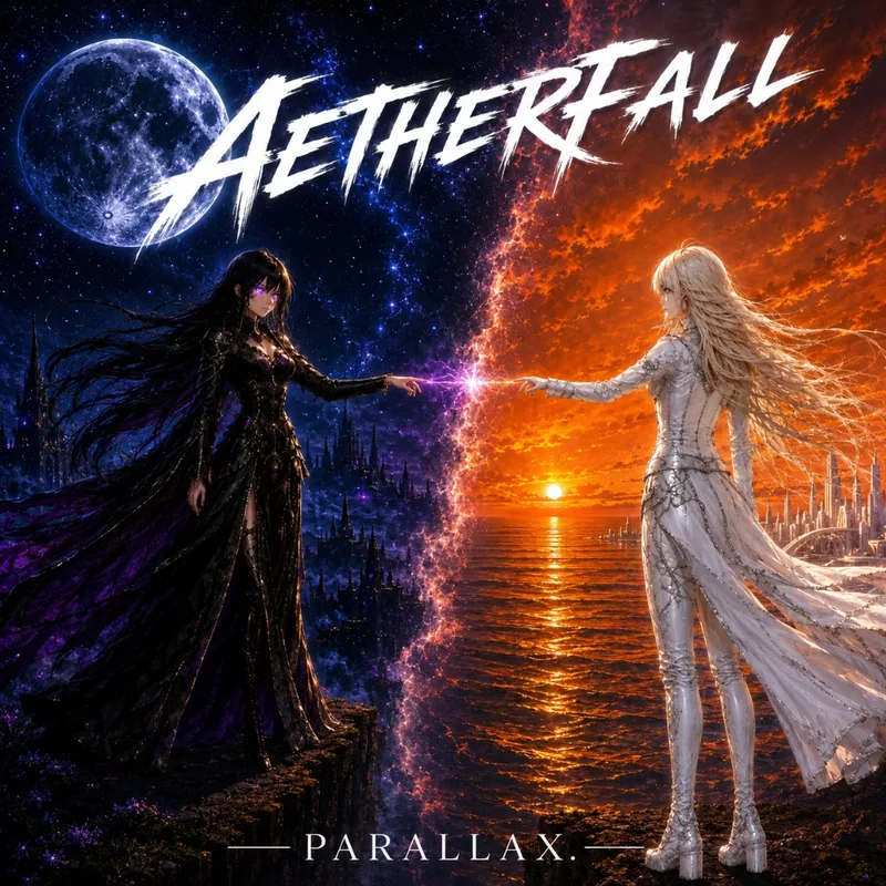 PARALLAX cover: two illustrated figures reach across blue and orange parallel worlds.