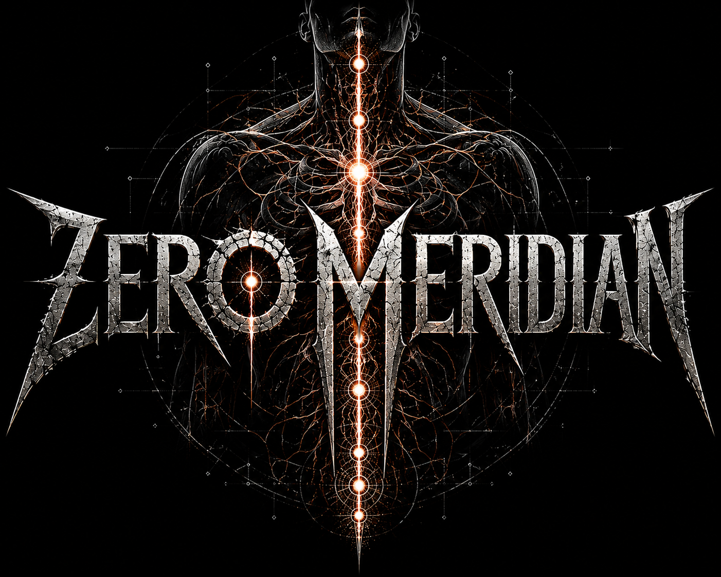 Zero Meridian logo artwork with a dark anatomical figure and glowing central meridian